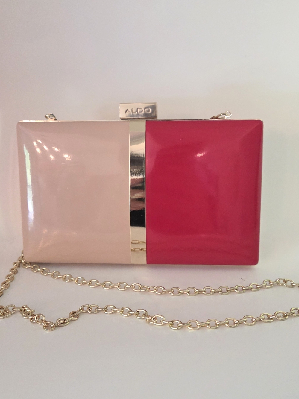 ALDO Colorblock Hard Case Clutch Pink Blush & Red Glossy Vinyl Box Bag